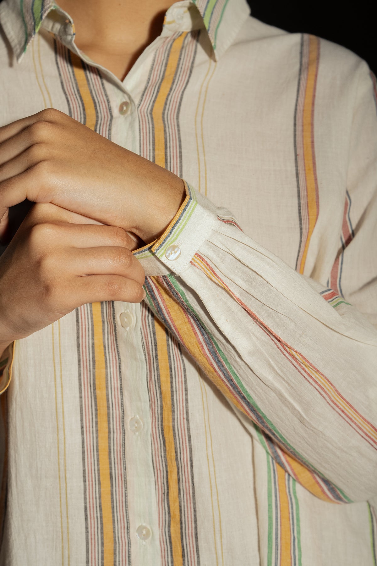 Dve Deveshi button up long sleeve blouse in handloom ecru cotton stripe.