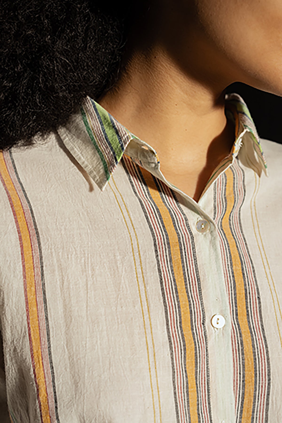 Dve Deveshi button up long sleeve blouse in handloom ecru cotton stripe.