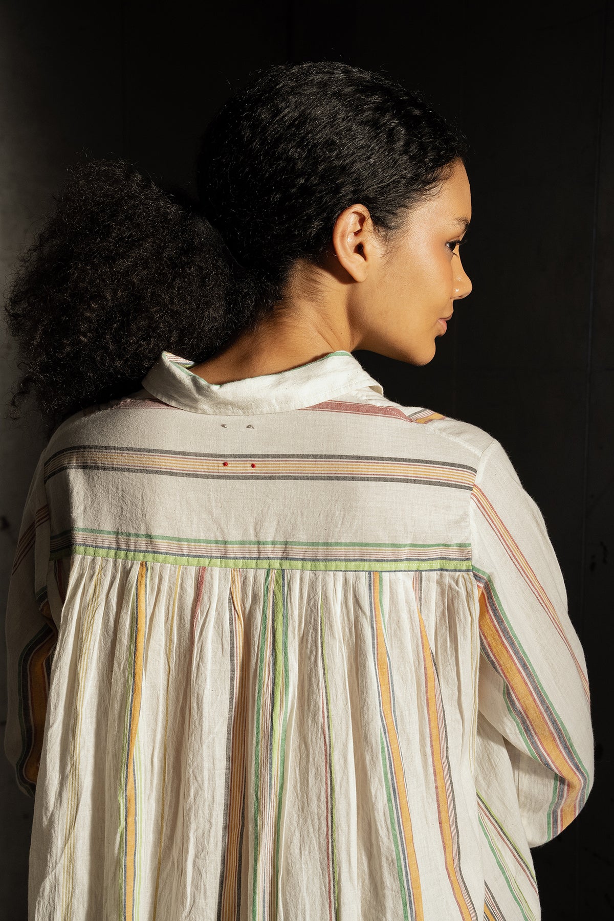 Dve Deveshi button up long sleeve blouse in handloom ecru cotton stripe.