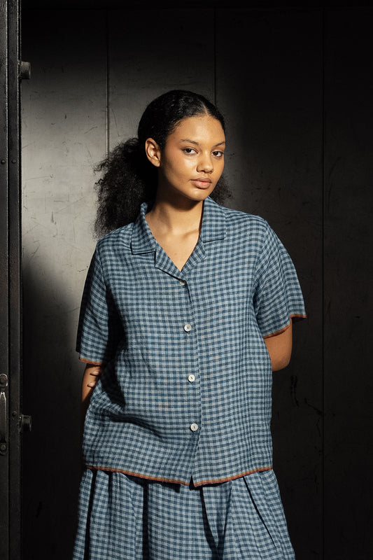 DVE Sri button up short sleeve shirt in blue  ashes check gingham handloom linen.