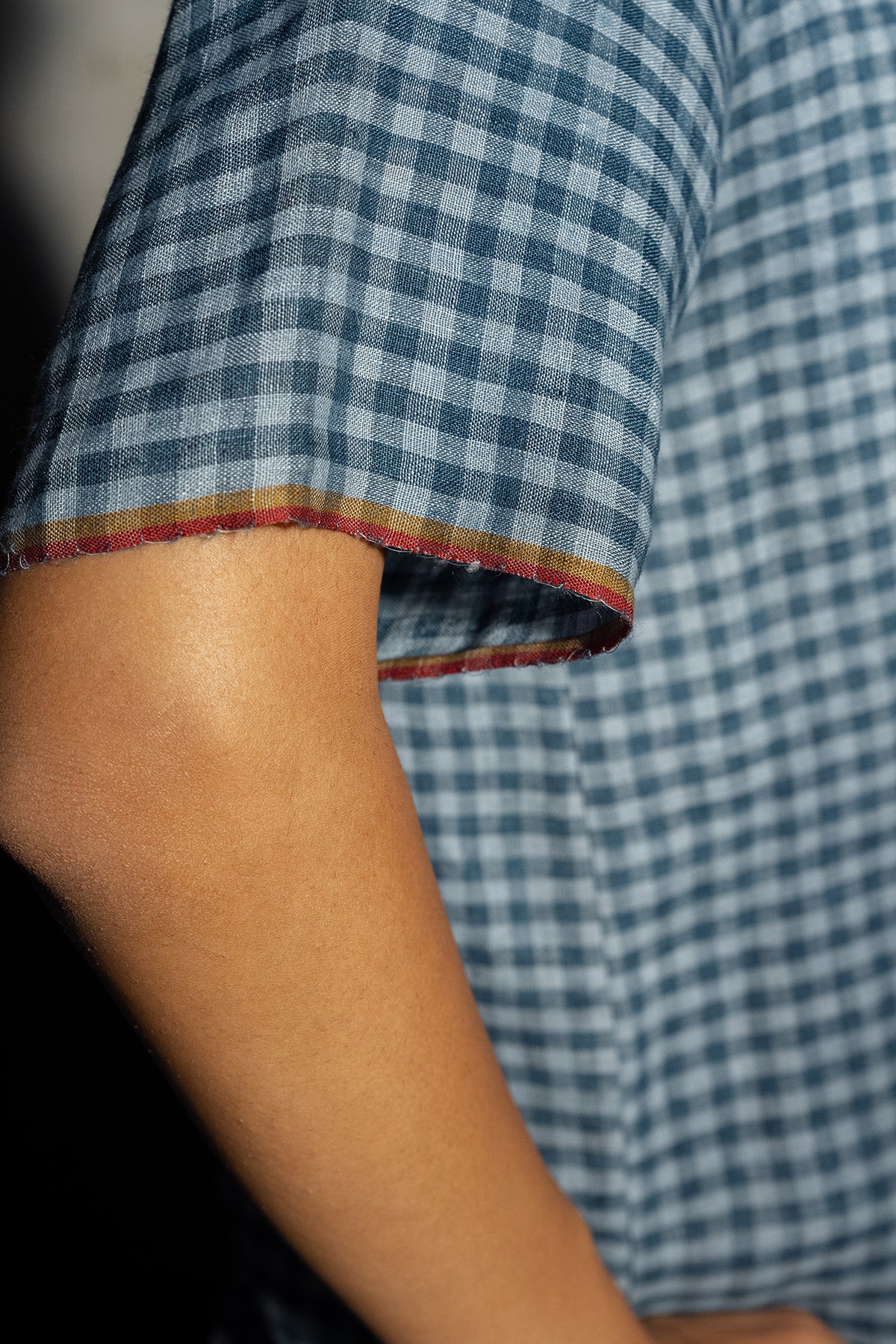 DVE Sri button up short sleeve shirt in blue  ashes check gingham handloom linen.