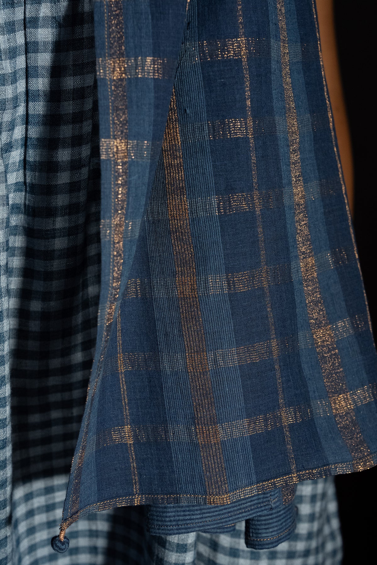 Dve handloom indigo cotton check and stripe long scarf.