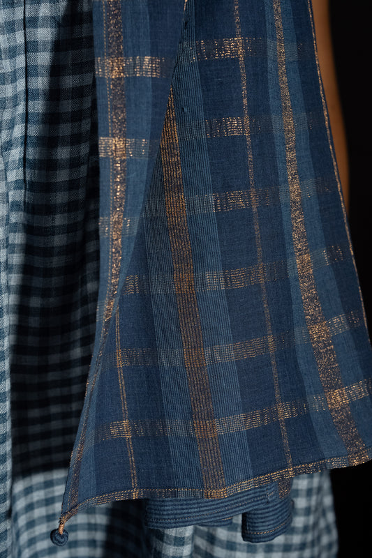 Dve handloom indigo cotton check and stripe long scarf.