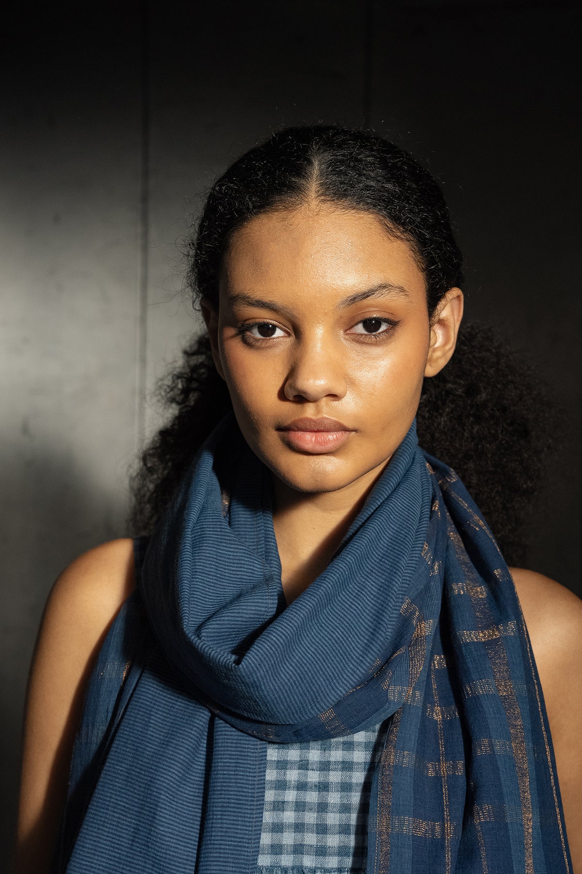 Dve handloom indigo cotton check and stripe long scarf.