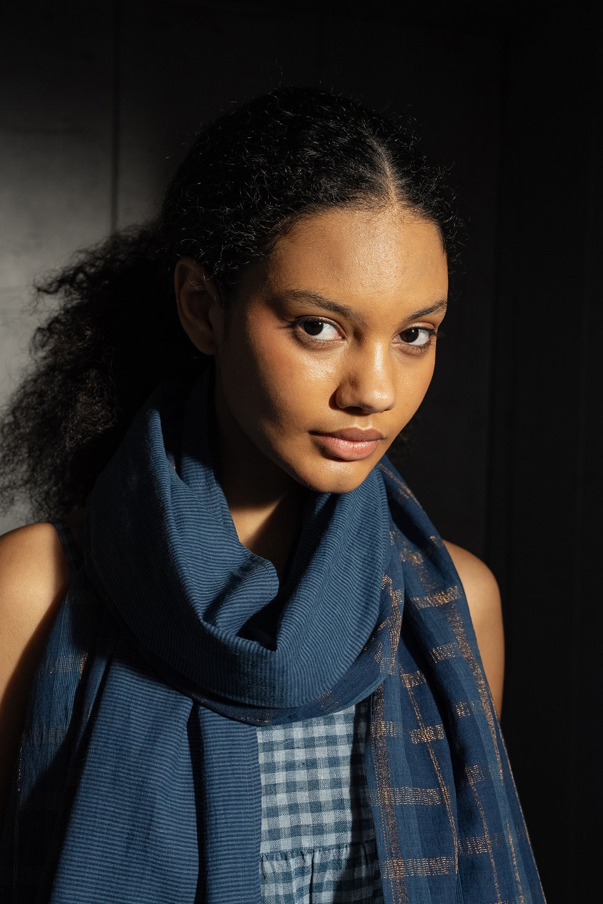 Dve handloom indigo cotton check and stripe long scarf.