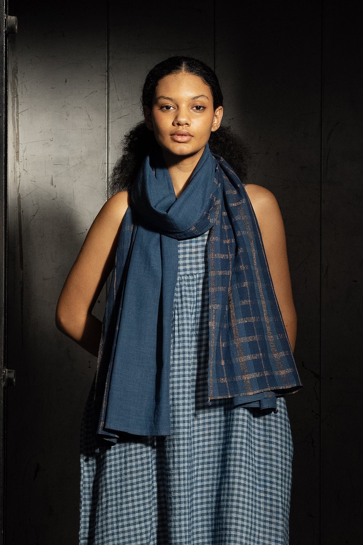 Dve handloom indigo cotton check and stripe long scarf.