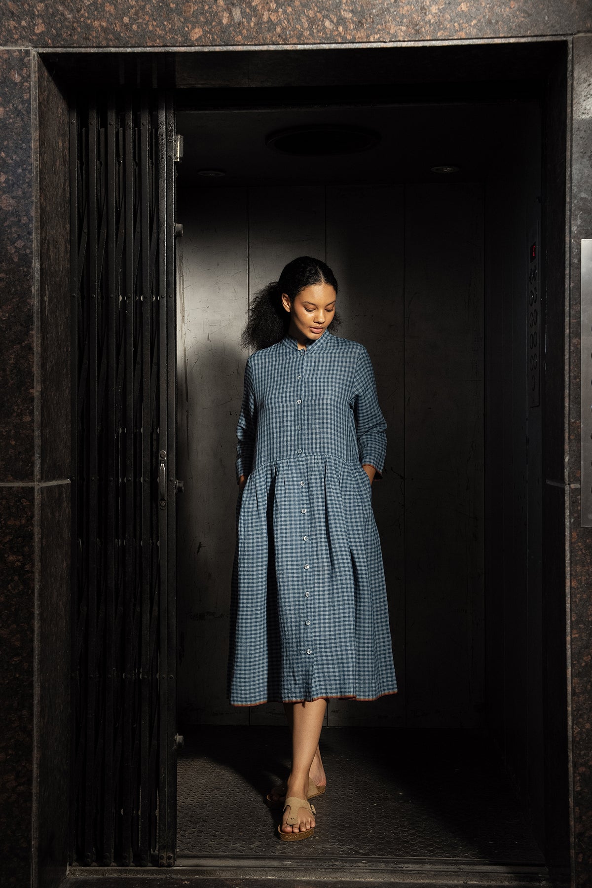 Dve Tara handloom linen check button up shirtdress in blue ashes.