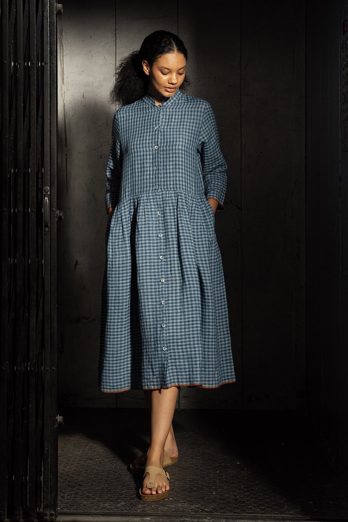 Dve Tara handloom linen check button up shirtdress in blue ashes.