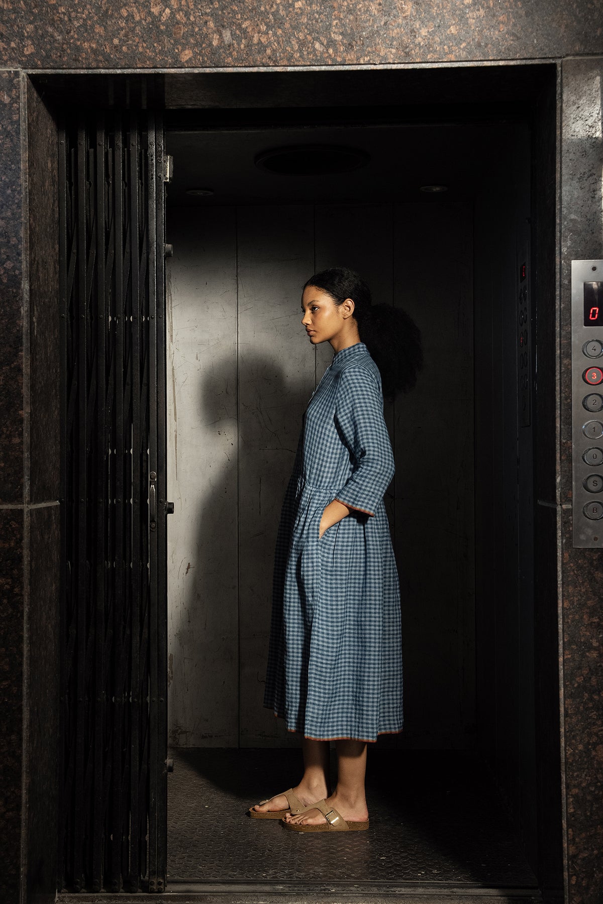 Dve Tara handloom linen check button up shirtdress in blue ashes.