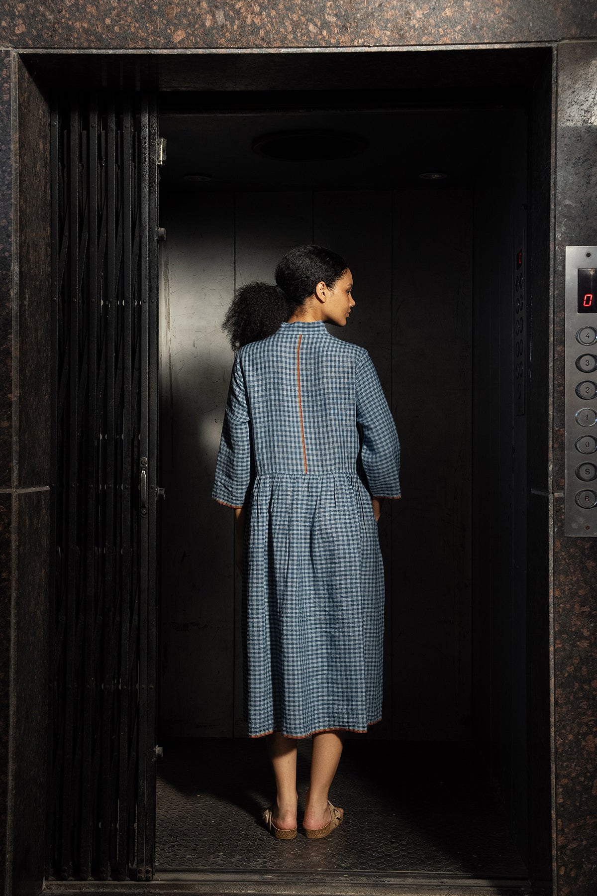 Dve Tara handloom linen check button up shirtdress in blue ashes.