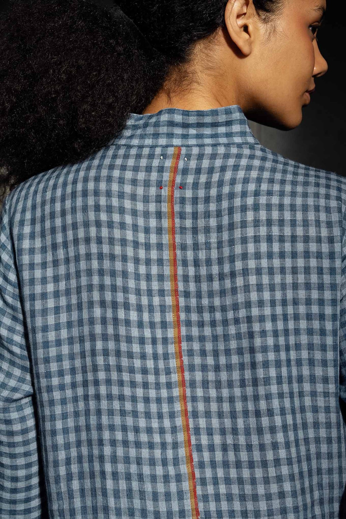 Dve Tara handloom linen check button up shirtdress in blue ashes.