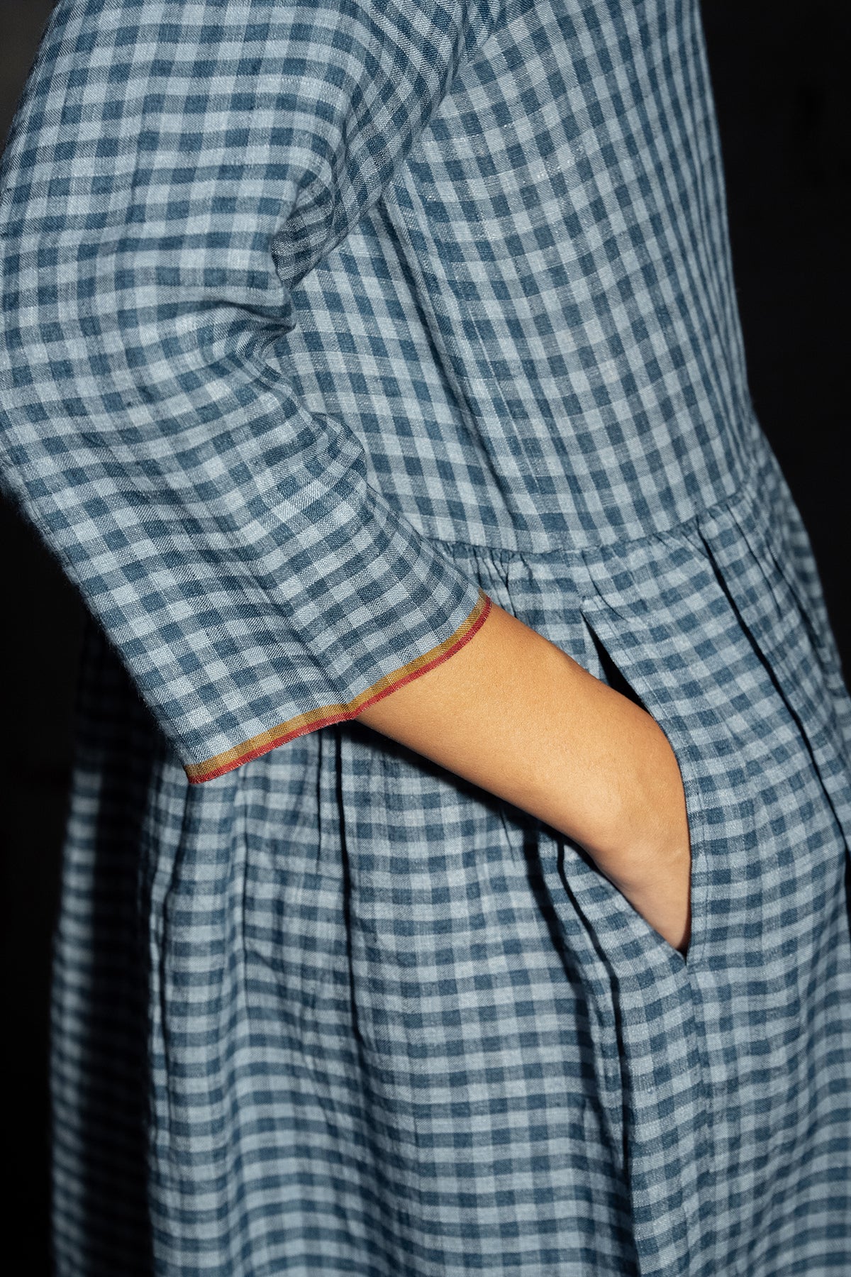 Dve Tara handloom linen check button up shirtdress in blue ashes.