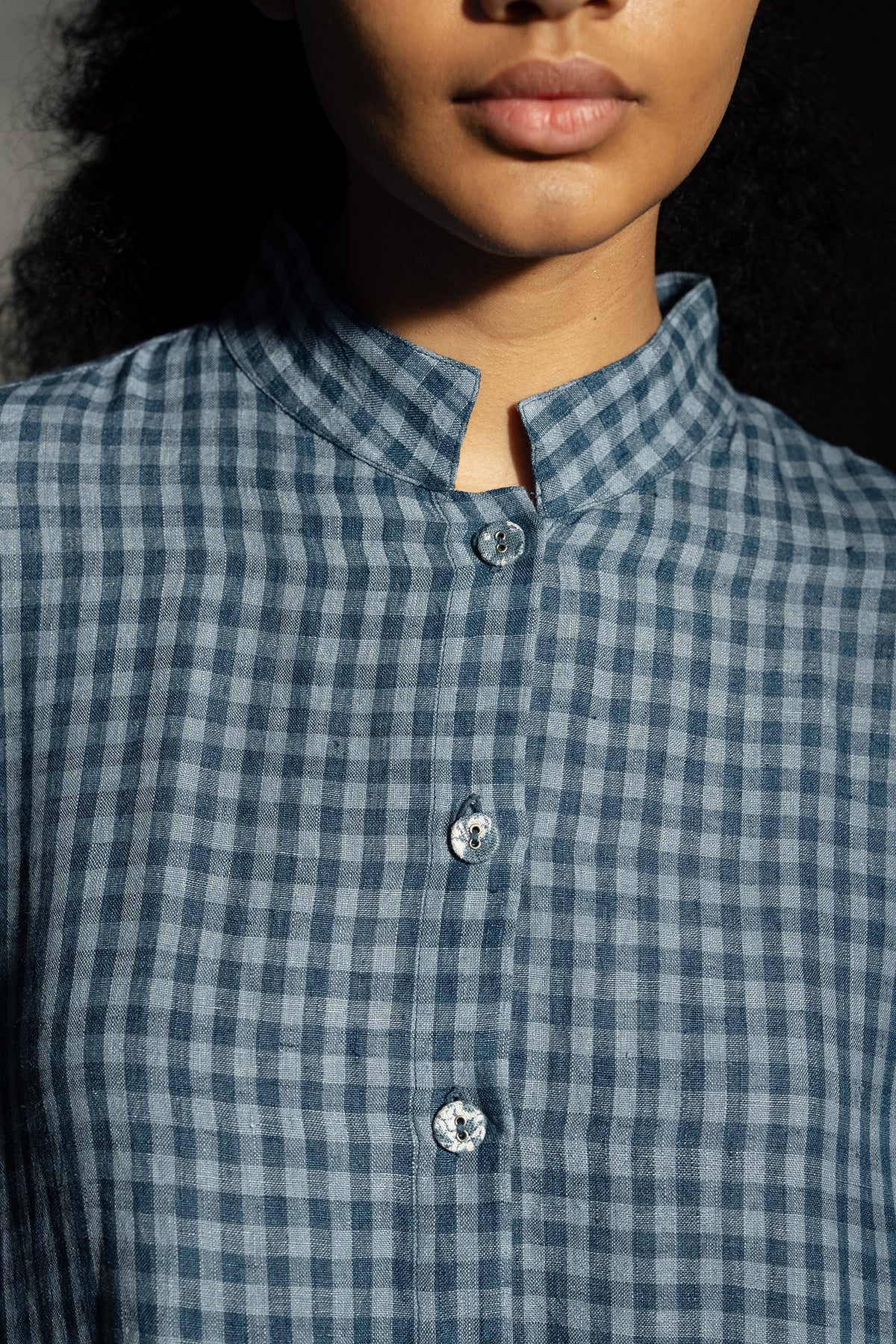Dve Tara handloom linen check button up shirtdress in blue ashes.