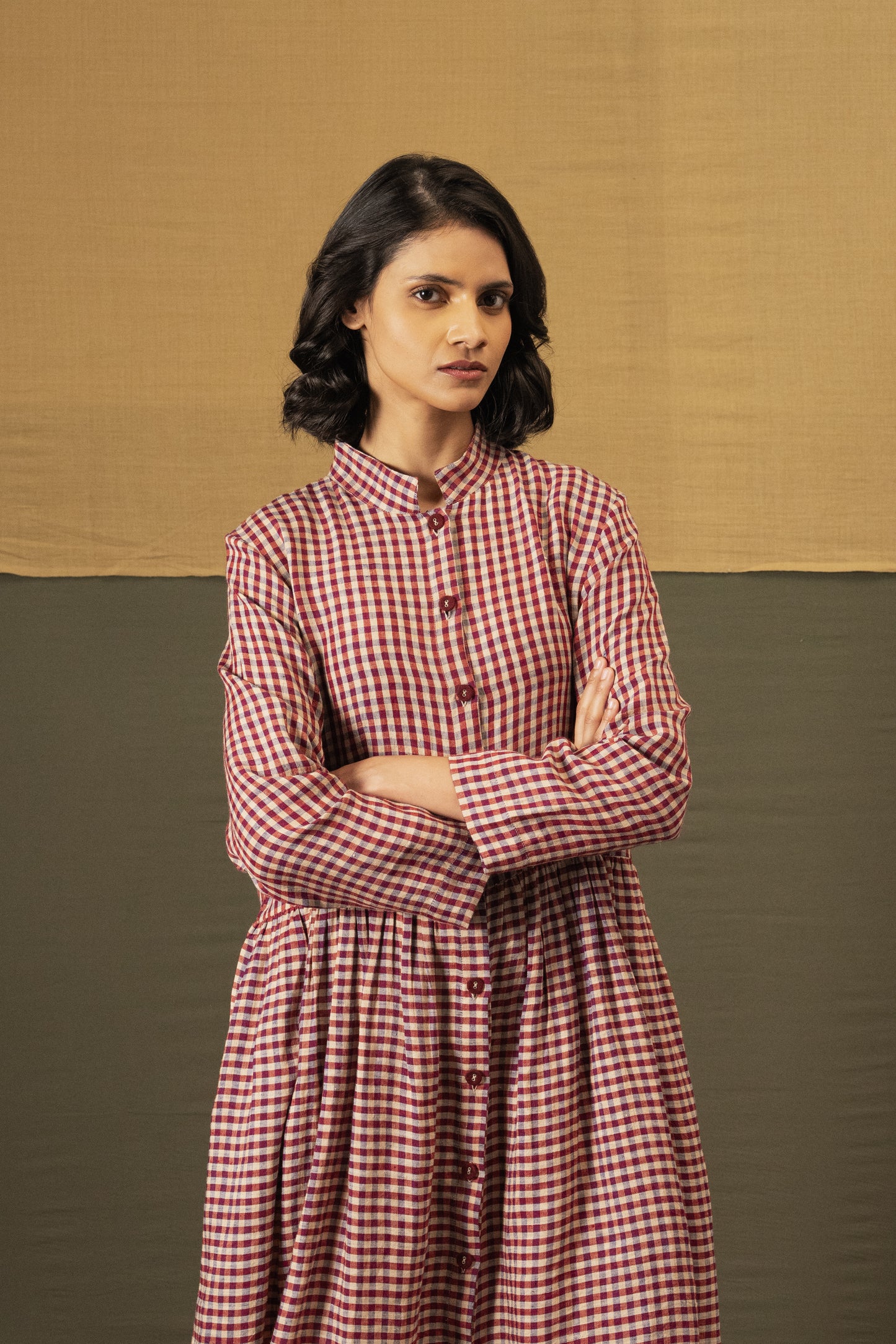 DVE Tara linen button up shirtdress in barn   red linen gingham check linen.