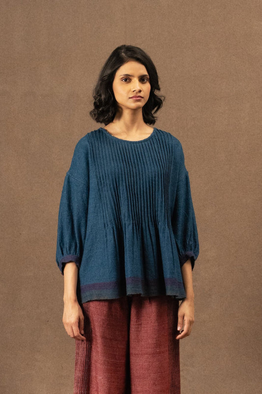 DVE Anisha pintuck top in soft wool in indigo blue.