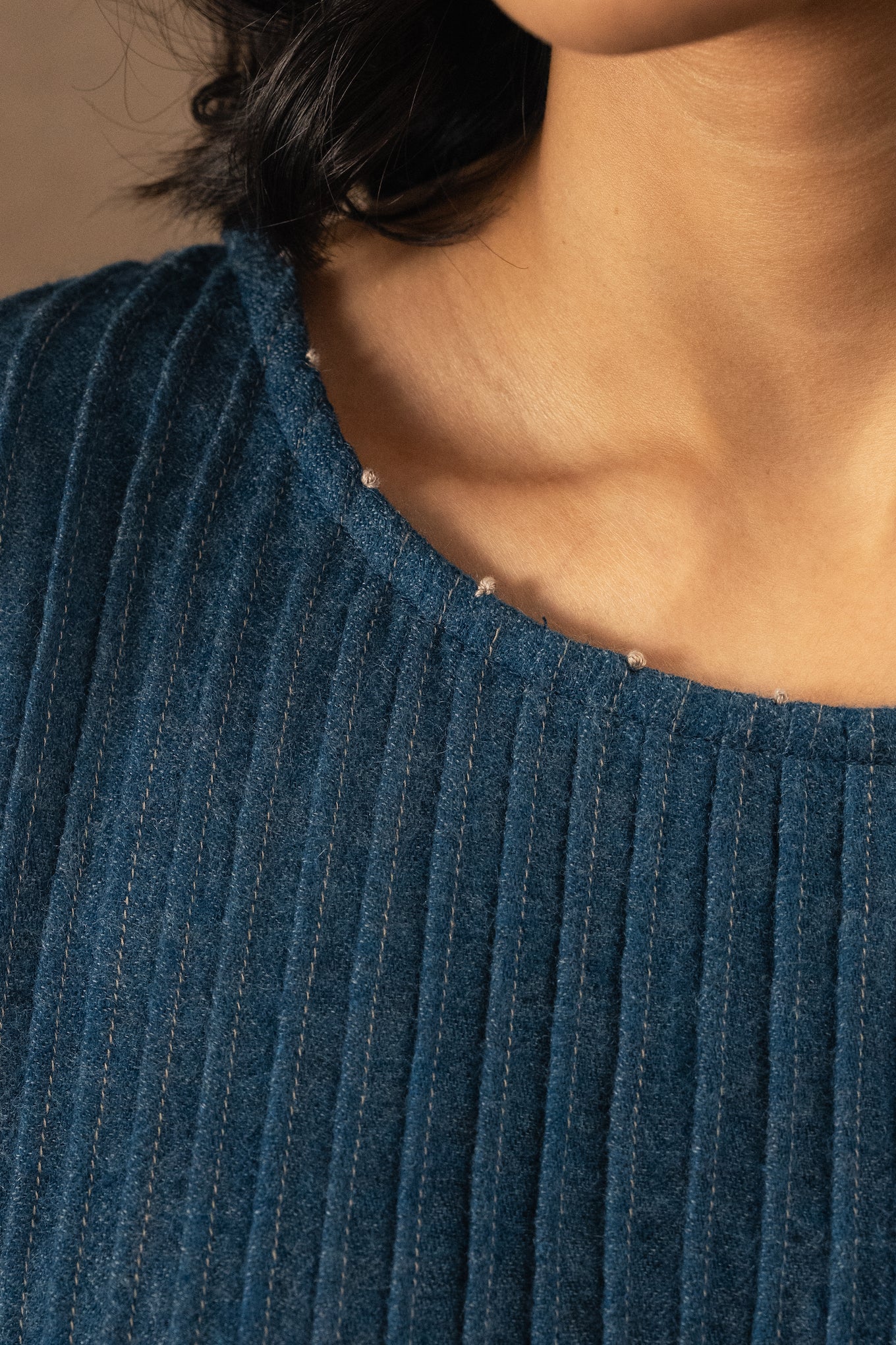 DVE Anisha pintuck top in soft wool in indigo blue.