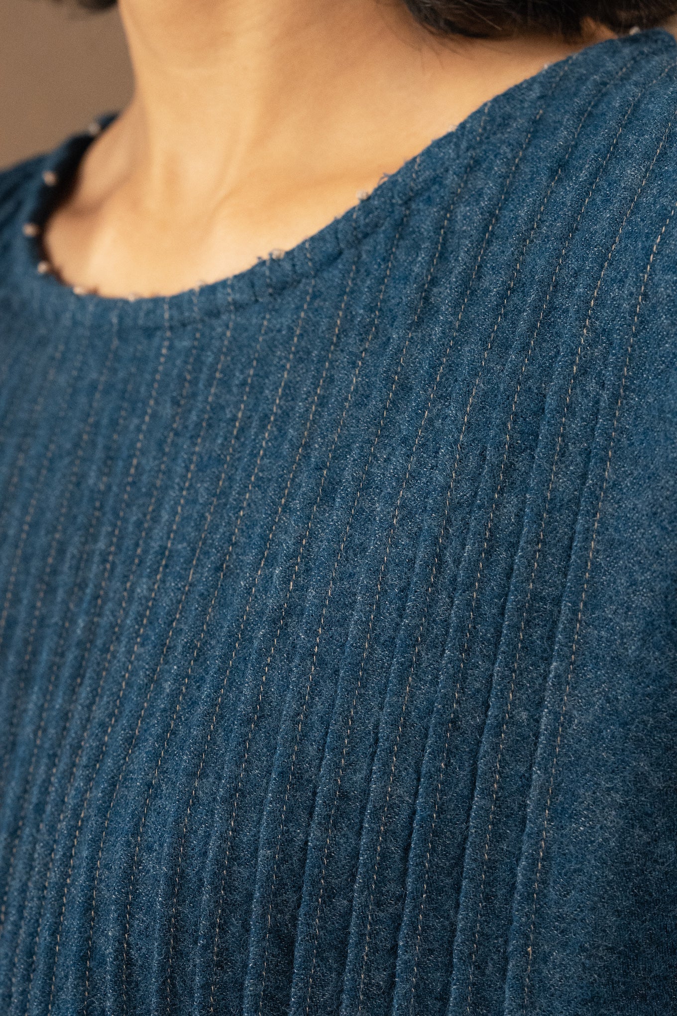 DVE Anisha pintuck top in soft wool in indigo blue.