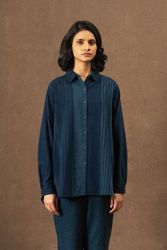 DVE Deveshi pure cotton long sleeve blouse in natural indigo blue stripe.
