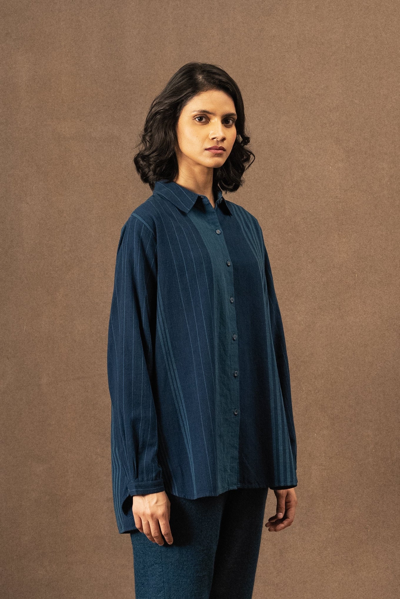 DVE Deveshi pure cotton long sleeve blouse in natural indigo blue stripe.