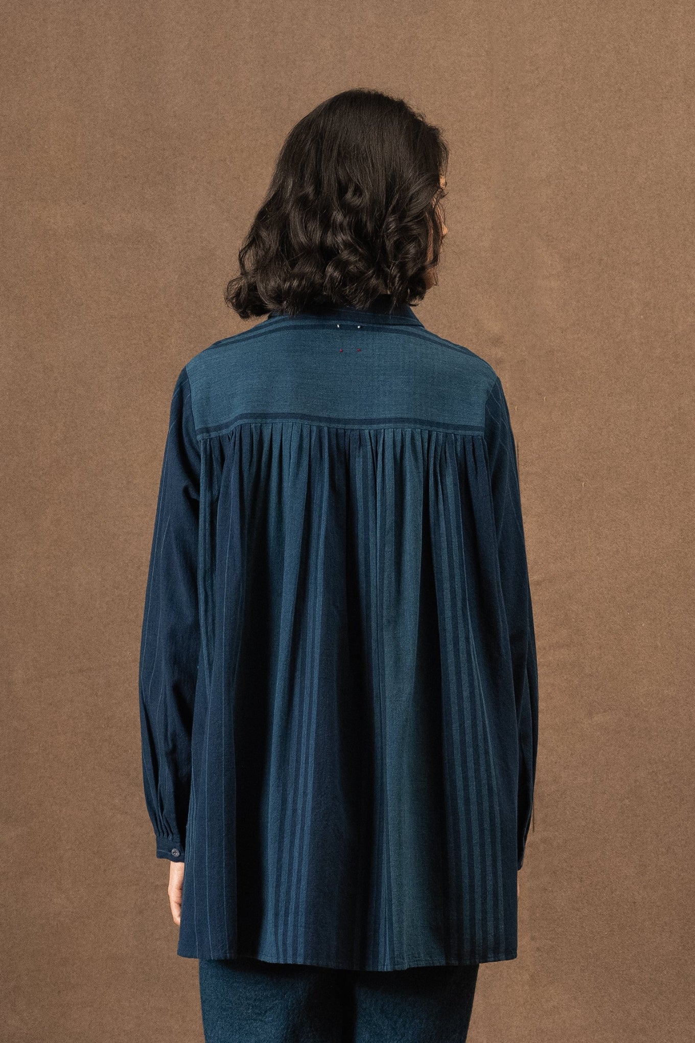 DVE Deveshi pure cotton long sleeve blouse in natural indigo blue stripe.