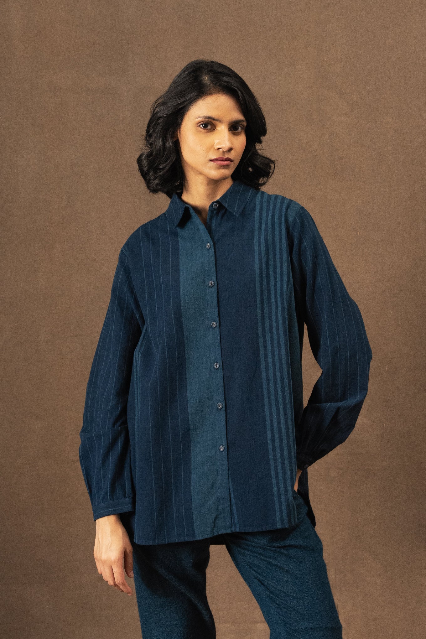 DVE Deveshi pure cotton long sleeve blouse in natural indigo blue stripe.