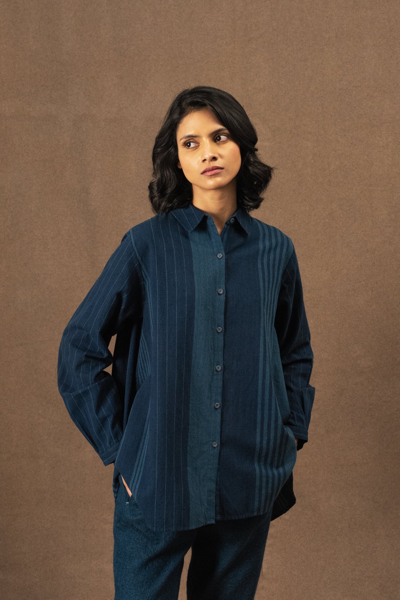 DVE Deveshi pure cotton long sleeve blouse in natural indigo blue stripe.