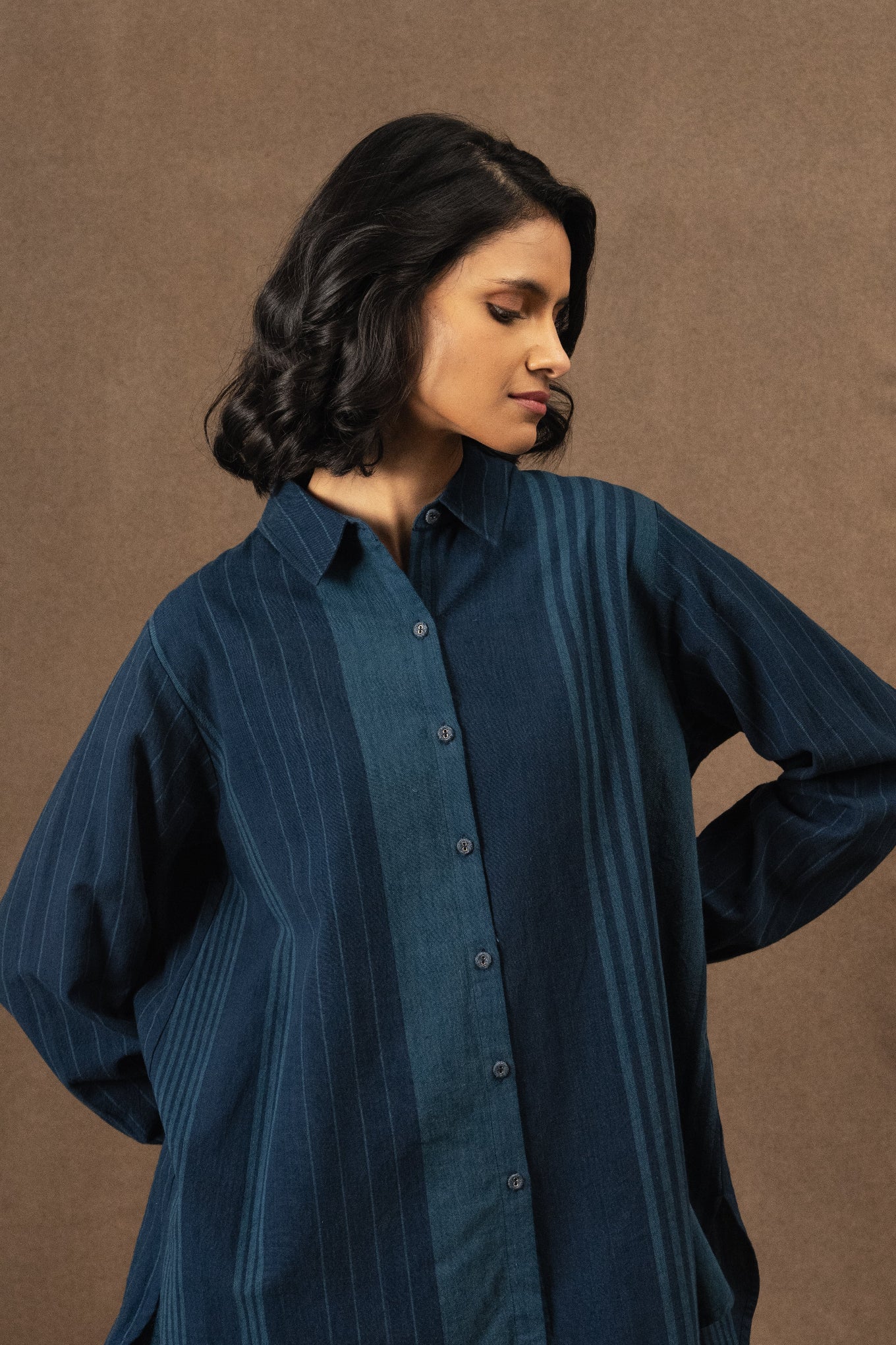 DVE Deveshi pure cotton long sleeve blouse in natural indigo blue stripe.