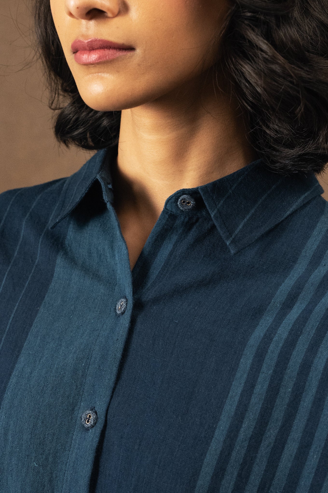 DVE Deveshi pure cotton long sleeve blouse in natural indigo blue stripe.