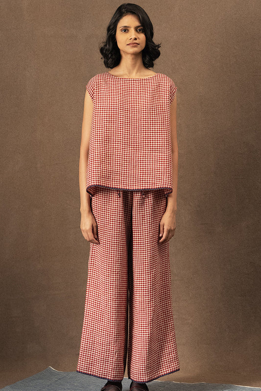 DVE Dityaa linen pants in crimson check.