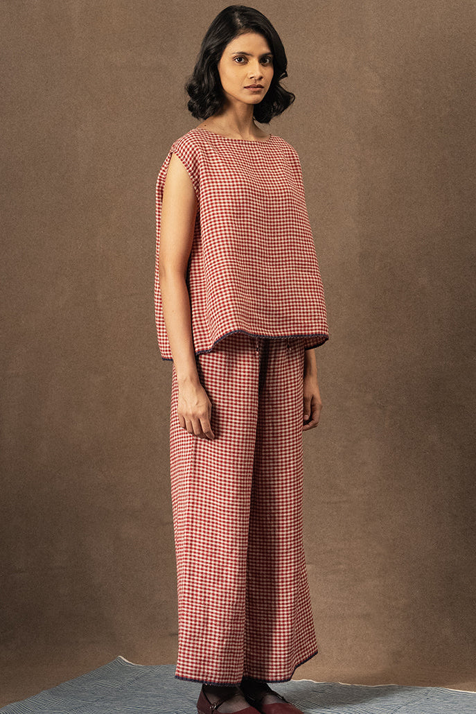 DVE Aishani crimson red check linen sleeveless top.