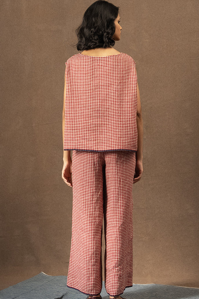 DVE Dityaa linen pants in crimson check.