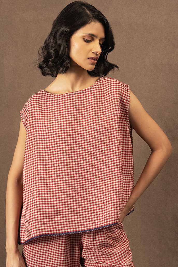 DVE Aishani crimson red check linen sleeveless top.