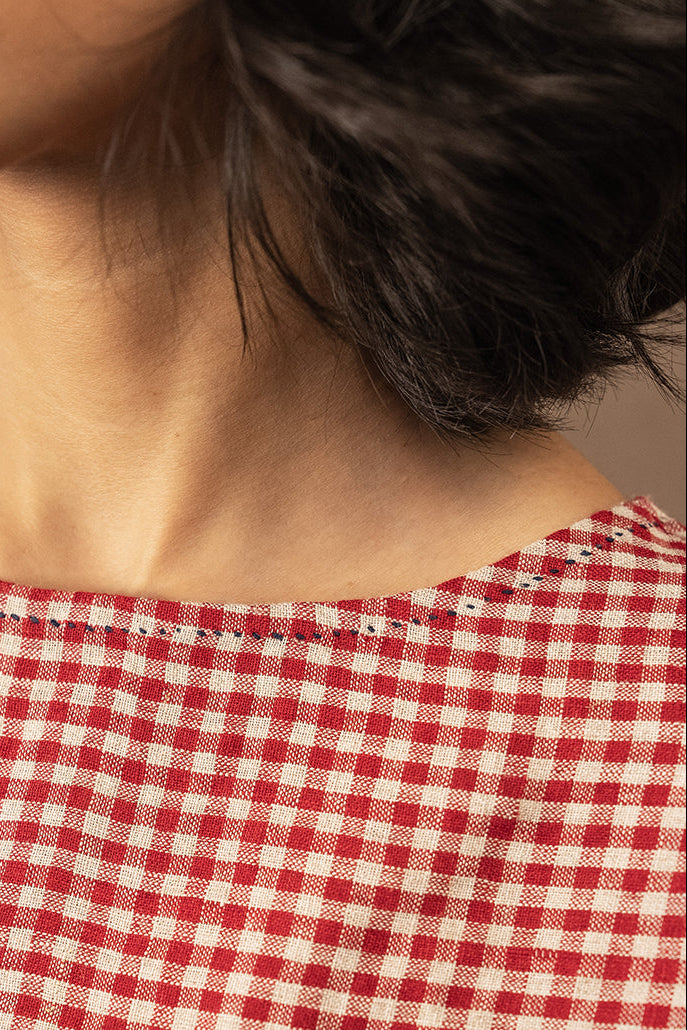 DVE Aishani crimson red check linen sleeveless top.