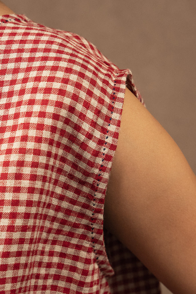 DVE Aishani crimson red check linen sleeveless top.