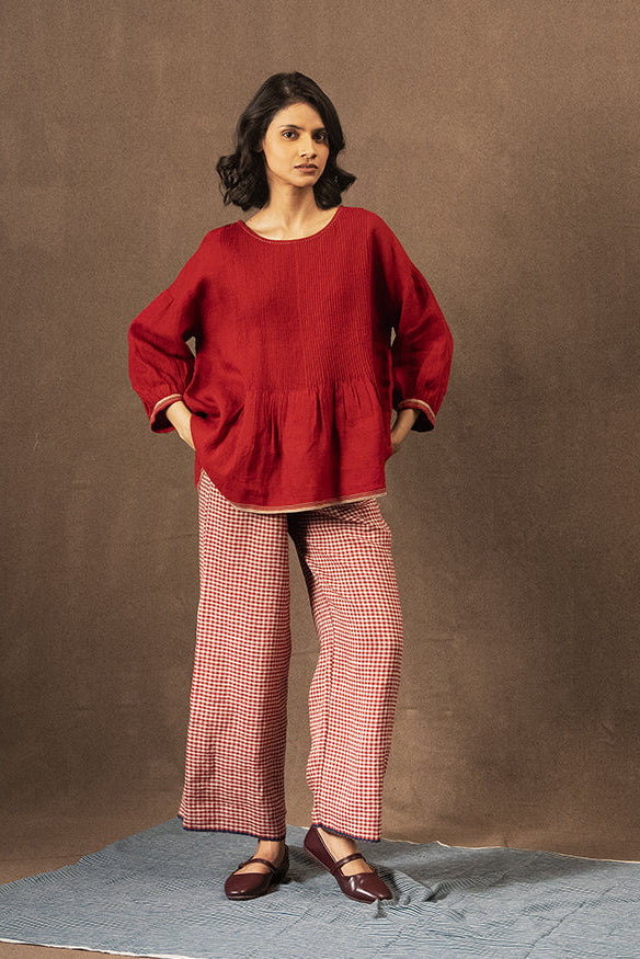 DVE pintuck Anisha top in crimson red handloom linen.