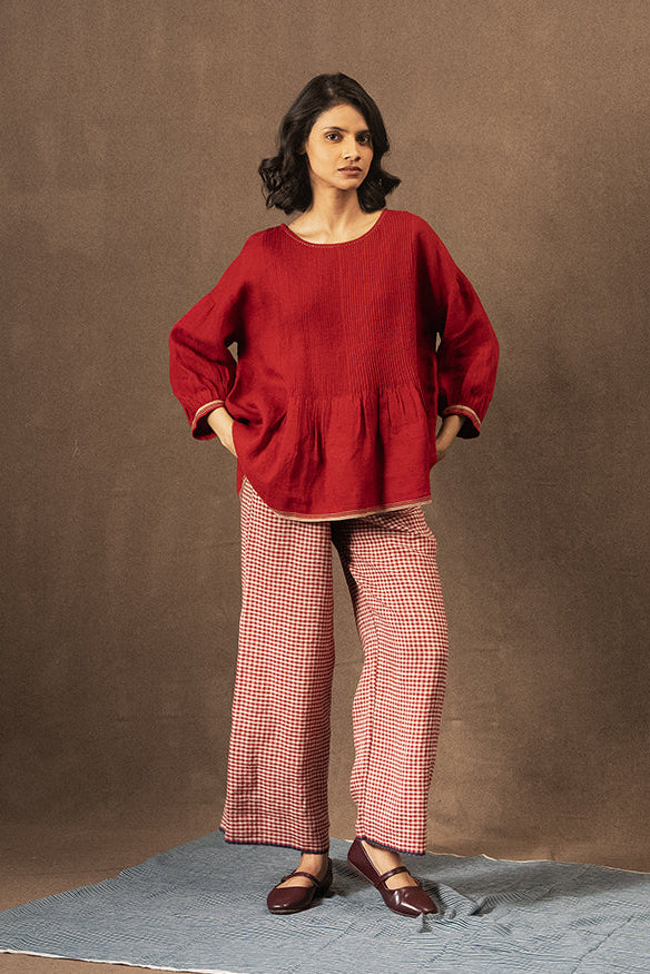DVE Dityaa linen pants in crimson check.