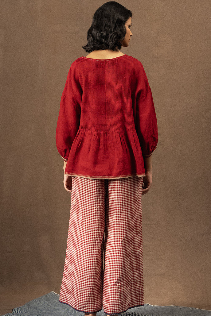 DVE pintuck Anisha top in crimson red handloom linen.