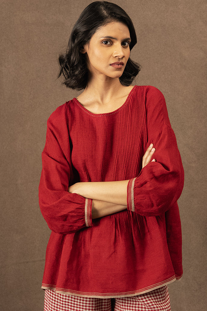 DVE pintuck Anisha top in crimson red handloom linen.