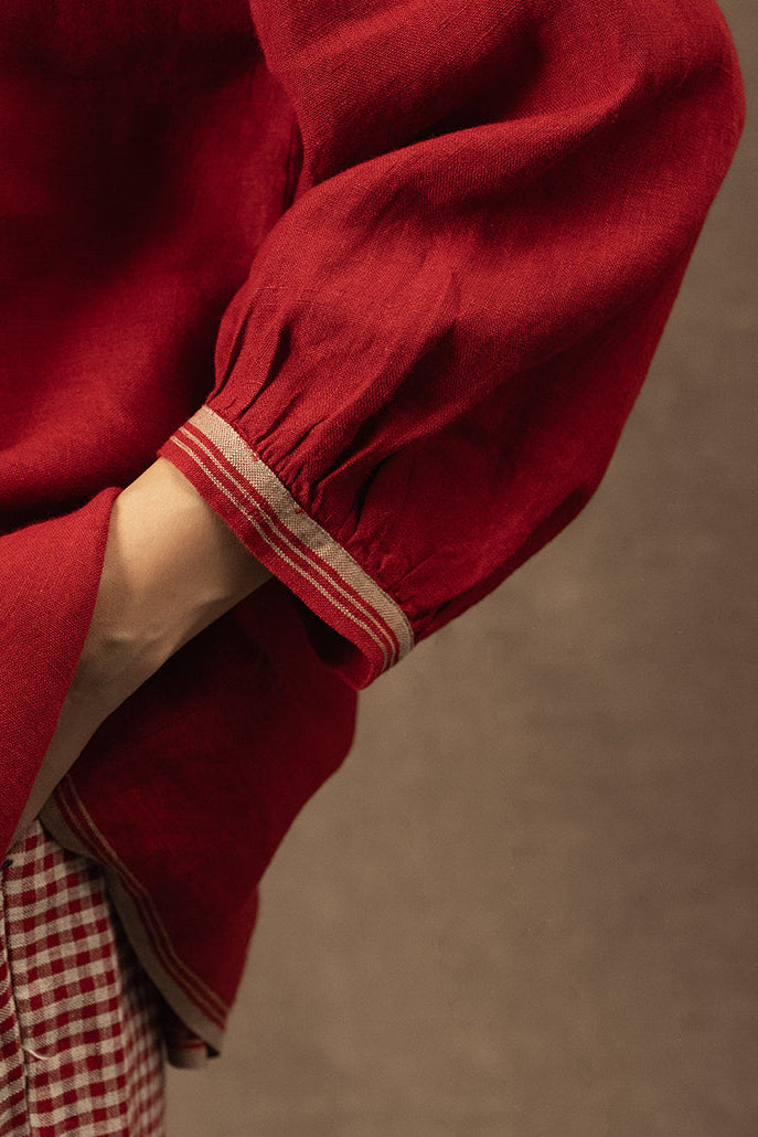 DVE pintuck Anisha top in crimson red handloom linen.