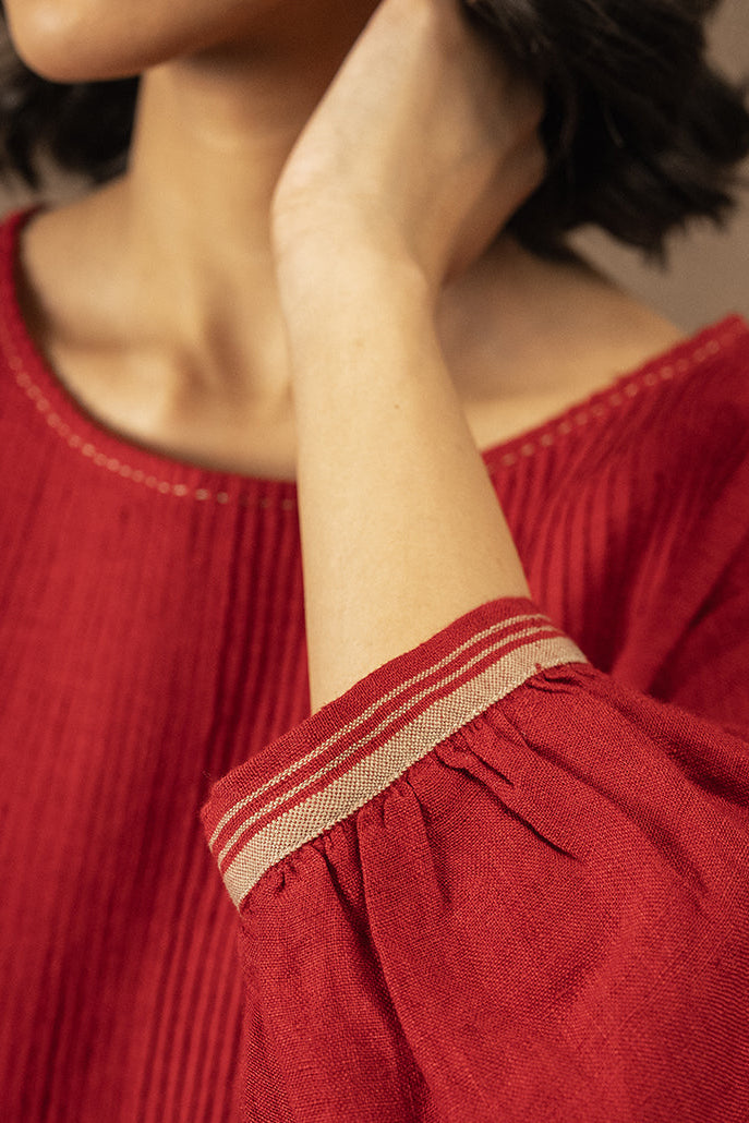 DVE pintuck Anisha top in crimson red handloom linen.