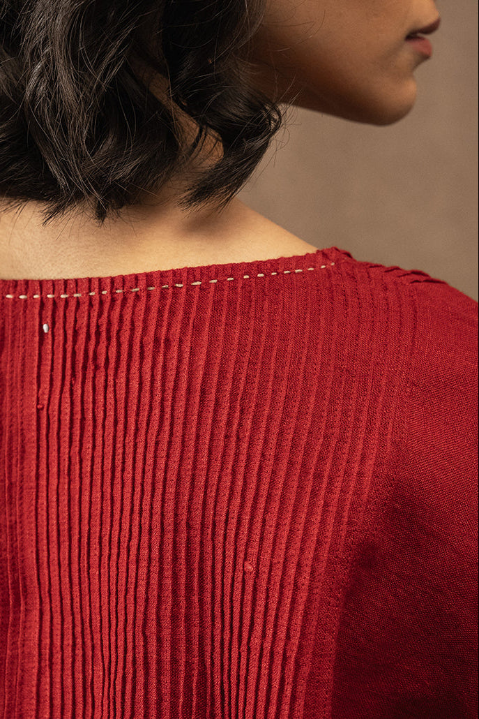 DVE pintuck Anisha top in crimson red handloom linen.