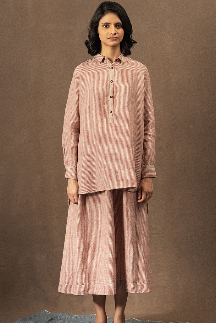 DVE Vetali fine stripe linen shirt crimson red and natural.