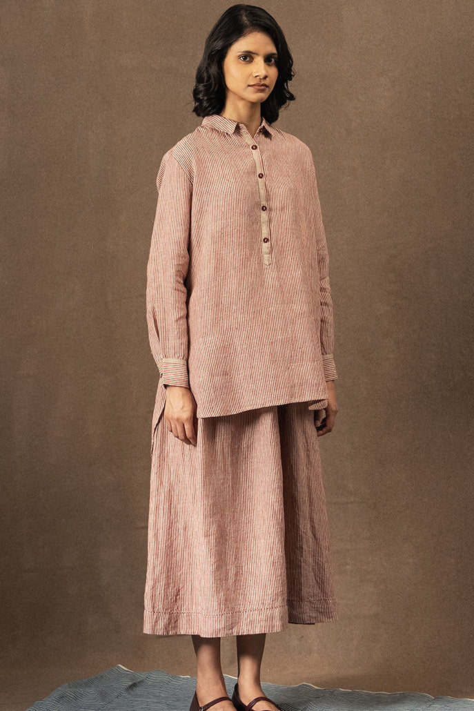 DVE Vetali fine stripe linen shirt crimson red and natural.