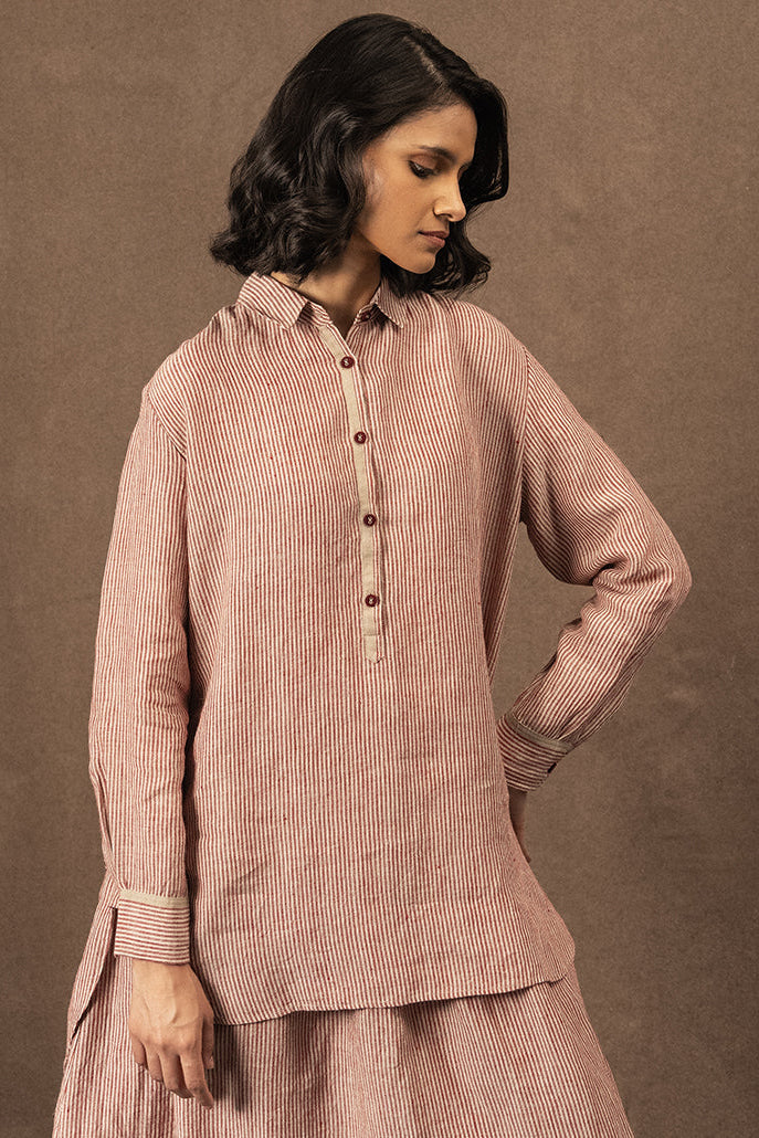 DVE Vetali fine stripe linen shirt crimson red and natural.