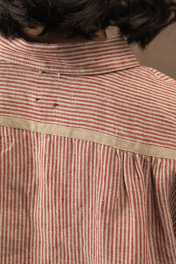 DVE Vetali fine stripe linen shirt crimson red and natural.