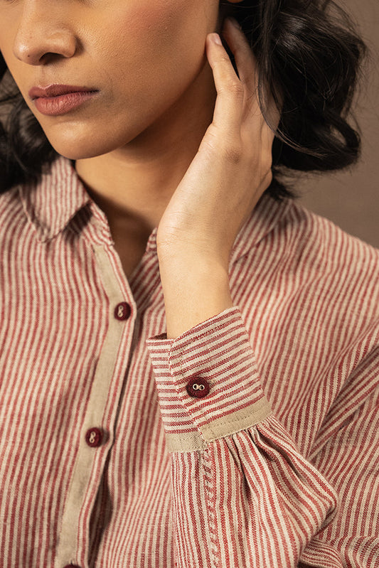 DVE Vetali fine stripe linen shirt crimson red and natural.