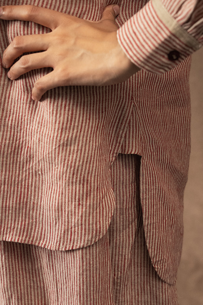 DVE Vetali fine stripe linen shirt crimson red and natural.