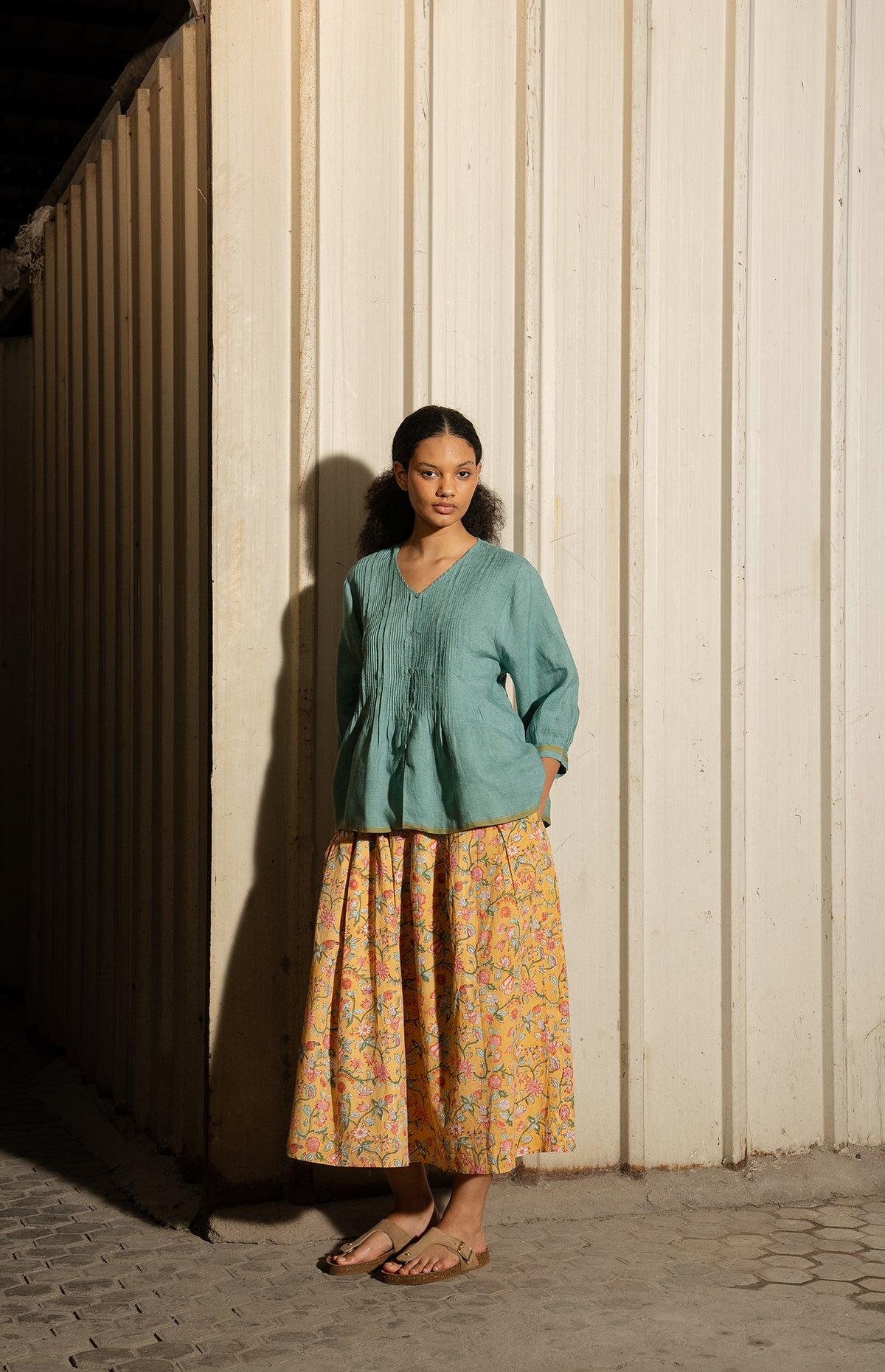 Dve Soma handloom linen pintuck 3/4 sleeve blouse in mineral green.