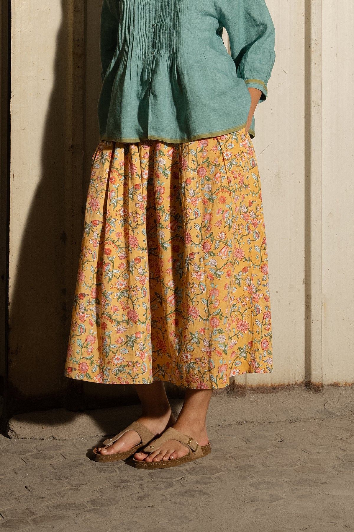 Dve Neela cotton two layered reversible skirt - handloom stripe, and blockprint in yellow floral design.