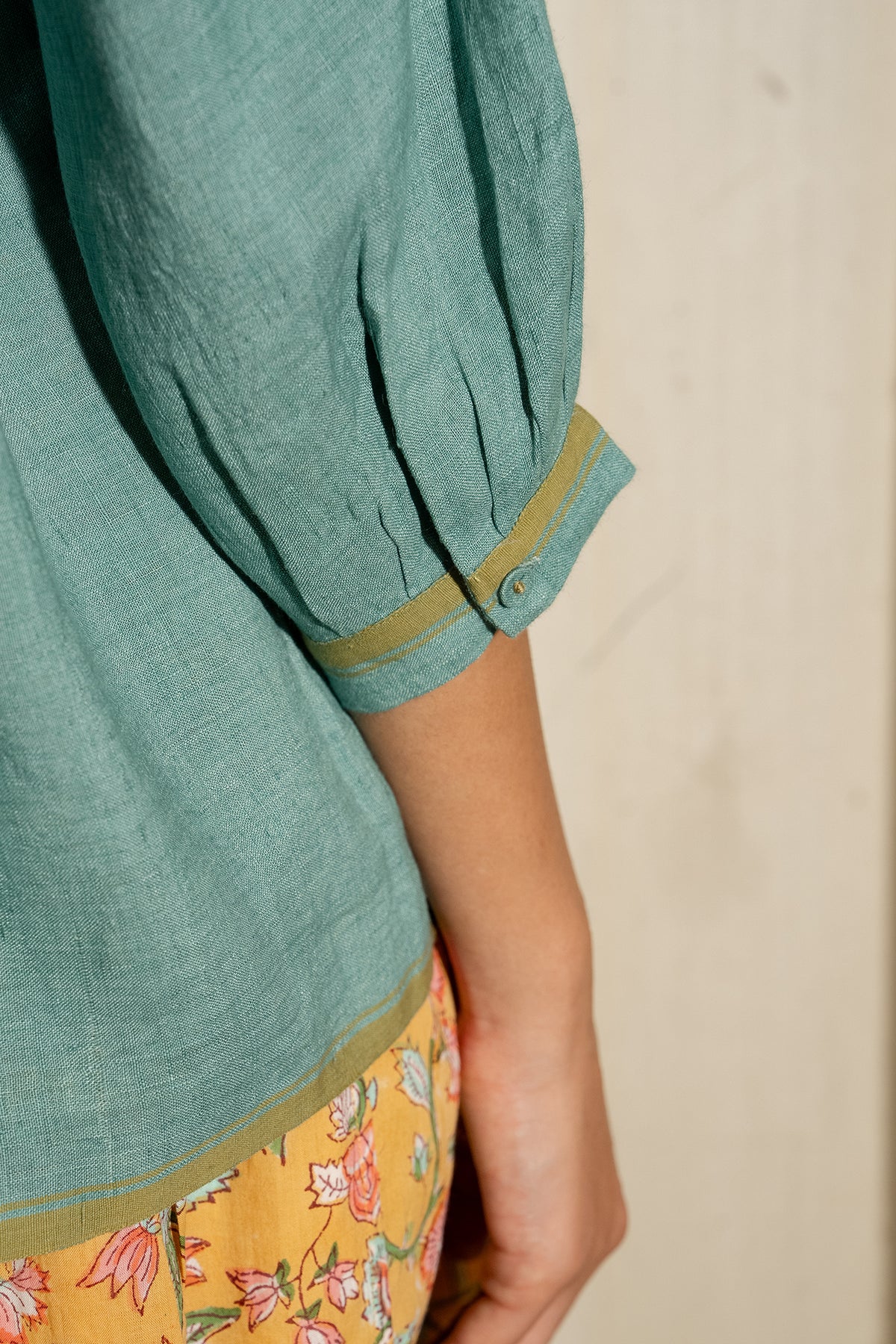 Dve Soma handloom linen pintuck 3/4 sleeve blouse in mineral green.